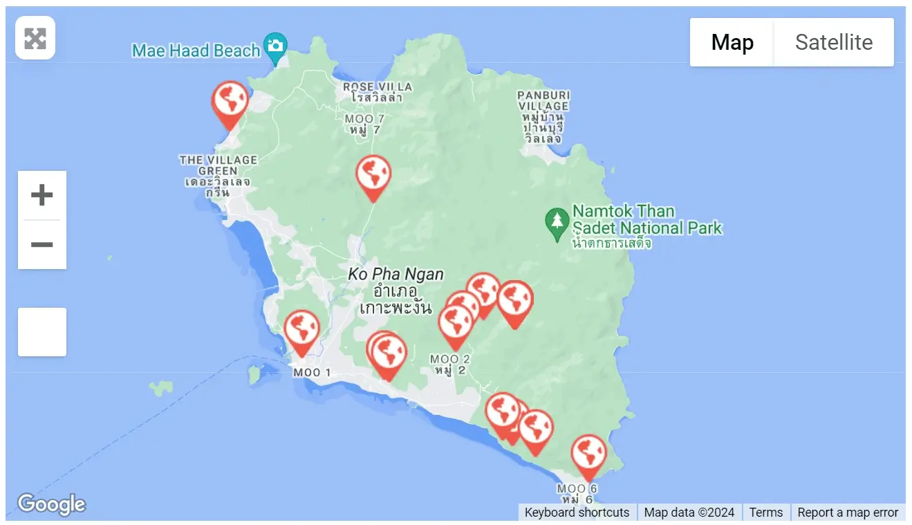 Map of party locations on Koh Phangan